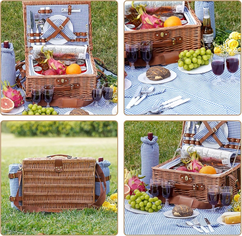 WILLOW WEAVE Picnic Basket for 4, Insulated Willow Picnic Baskets with Shoulder Strap, Picnic Hamper with Waterproof Picnic Blanket, Handmade Wicker Hamper for Outdoor, Great Gifts for Thanksgiving, Christmas - Image 3